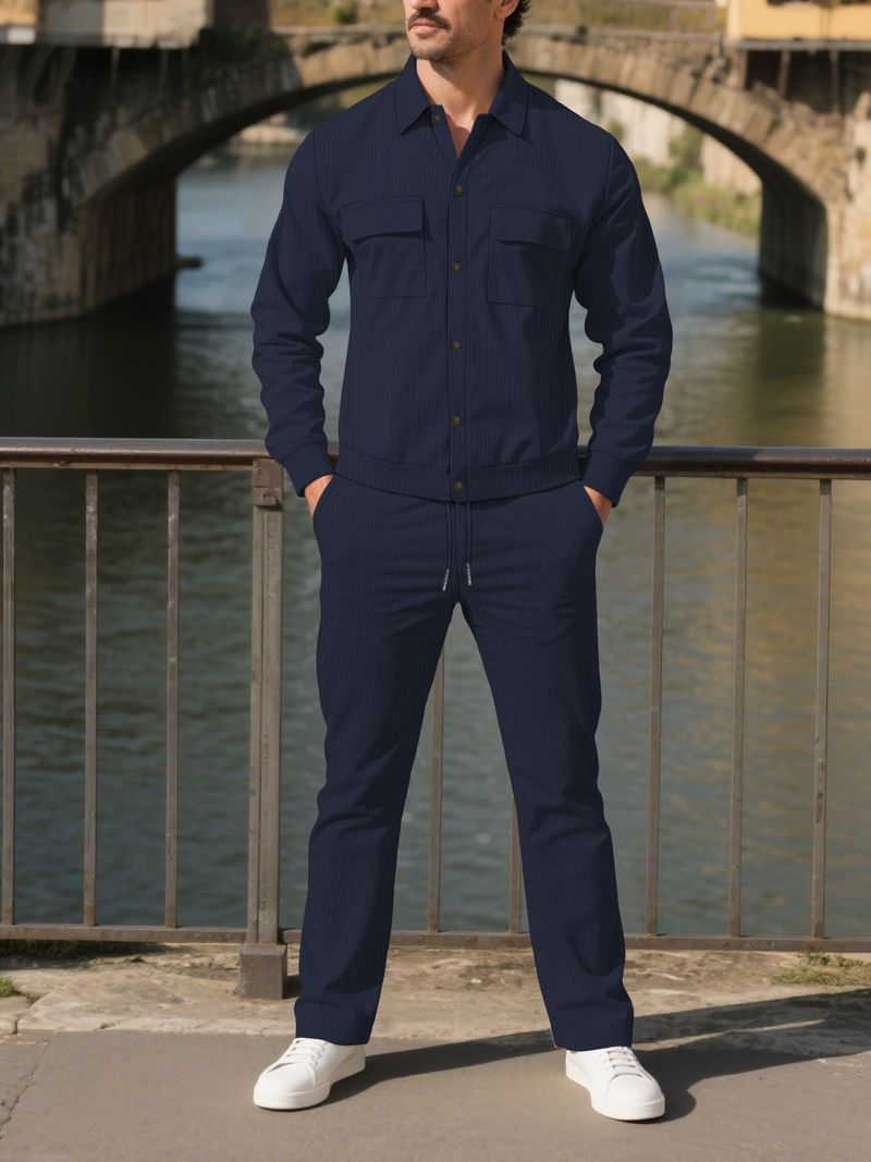 Conjunto de traje informal de pana para hombre: camisa abotonada de color liso con dos bolsillos y pantalón largo a juego._voghion.com