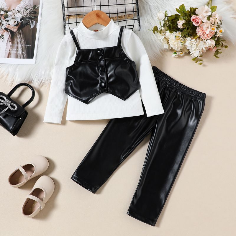 Çocuk giyim, kız sonbahar yeni stil uzun kollu üst + PU yelek + PU deri pantolon üç parçalı set_voghion.com