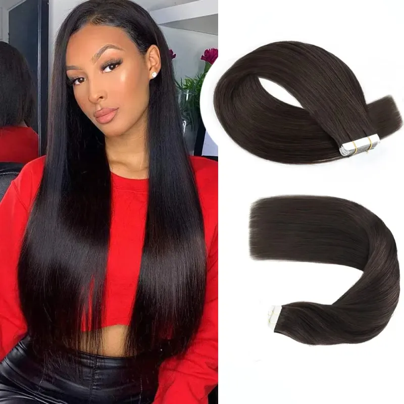 Natural Black Tape In Hair Extensions Human 100% Real Remy Hair 20Pcs Straight Tape in Hair Extensions Human Hair_voghion.com