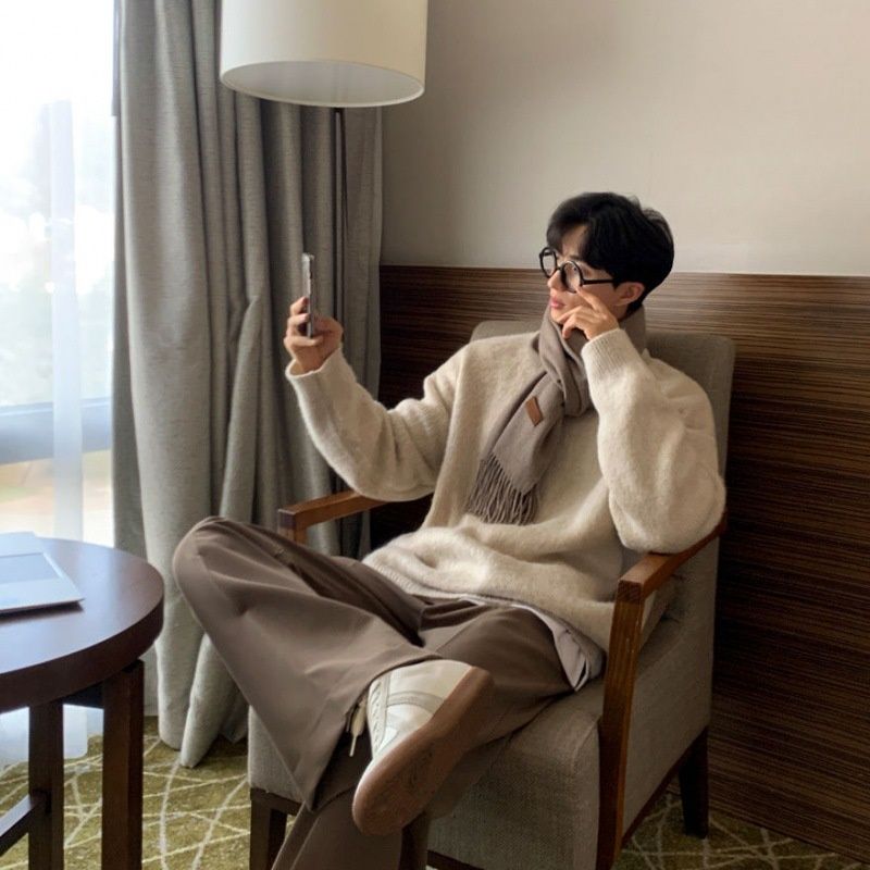 Hue Hue MYQ Solid Color Lazy Style Men's Winter Warm Base Shirt Korean Trend Loose Pullover Knitted Sweater_voghion.com