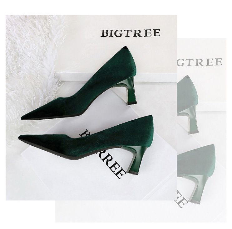 6188-9 Zapatos sencillos de moda para banquetes, de tacón alto y grueso, de gamuza y terciopelo del oeste, con boca poco profunda y puntiagudos_voghion.com