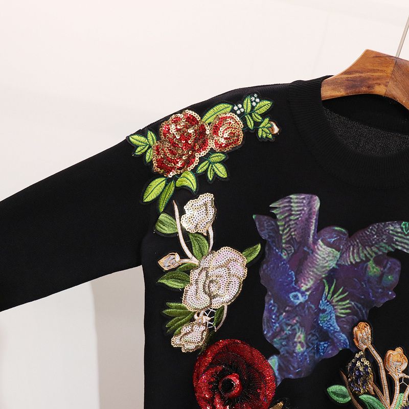 Damen-Pullover mit Pailletten und Blumen, langärmelig, Pullover, Hose mit kleinen Beinen, modischer Anzug für Damen_voghion.com