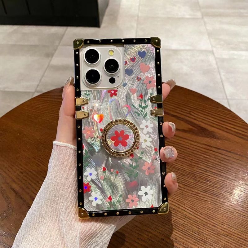For Iphone 11 12 13 14 15 Pro Max Plus Luxury Laser Flower Diamond Ring Holder Stand Square Phone Case Cover_voghion.com