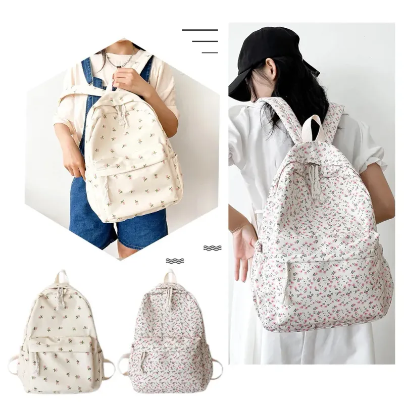 Zaino scolastico coreano per studenti, con motivo floreale, bianco, per ragazze adolescenti, grazioso zaino da donna, in nylon 250514l_voghion.com