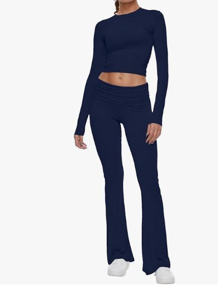 Damenbekleidung Neuer Rundhalsausschnitt, kurzer Stil, enger Hosenanzug mit niedriger Taille und Schlaghose_voghion.com