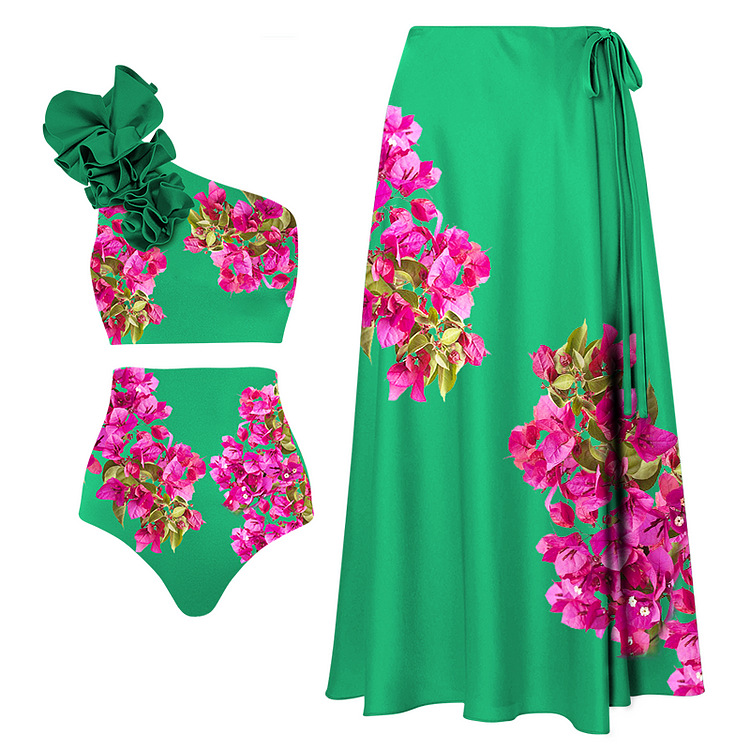 Maillots de bain de vacances à la plage pour femmes 2024 en stock nouveau costume de jupe portefeuille de maillot de bain fendu taille haute imprimé à une épaule pour les femmes transfrontalières_voghion.com