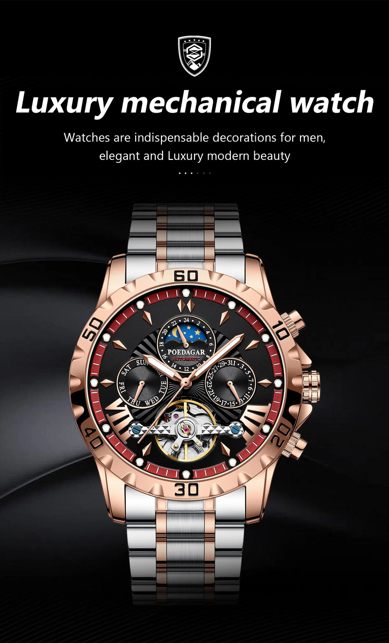 Herren Automatik Mechanische Uhr Hohl Tourbillon Wasserdicht Leuchtend Datum Woche Edelstahl Herrenuhr_voghion.com