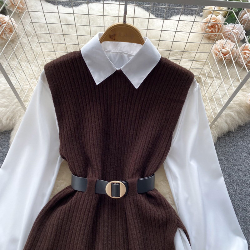 Set de două piese pentru femei, cămașă albă cu mâneci lungi și vestă din tricot despicat_voghion.com