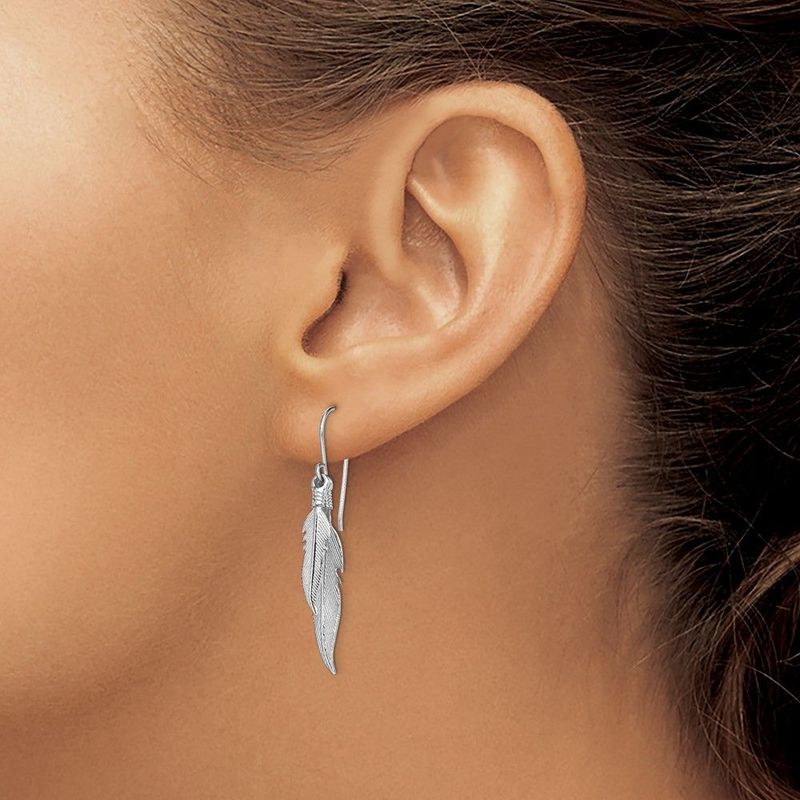 Sterling Silver Rhodium-plated Polished Feathers Dangle Earrings_voghion.com