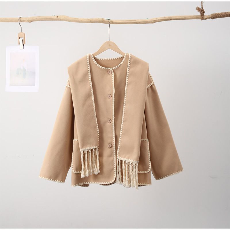 Women's Clothing autumn and winter new fashion women's woolen coat thickened loose jacket with scarf tassels for women_voghion.com