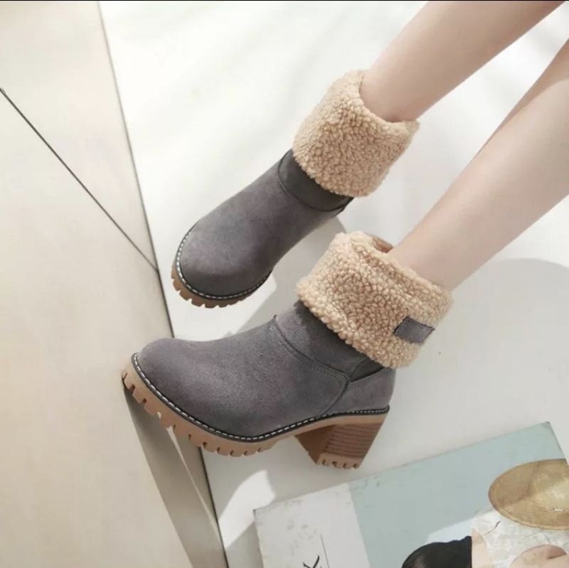 Botas de neve de camurça com salto grosso e cano médio para outono e inverno_voghion.com