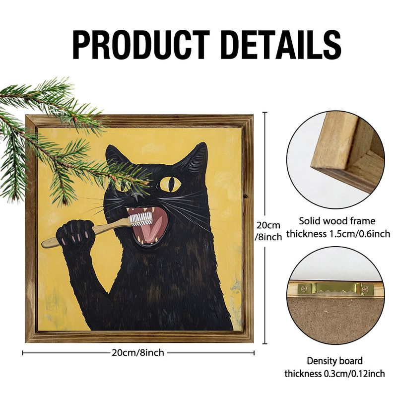 Encantador cuadro de gato negro de 20 x 20 cm con marco de madera, estilo rústico de granja. Gato negro cepillándose los dientes. Idea única de regalo navideño para el hogar, la cafetería y el baño._voghion.com