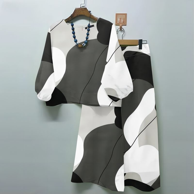 Lente Nieuwe Dames Geometrische Print Casual Matching Set Bohemian Top Wijde Broek 2-delige Set_voghion.com