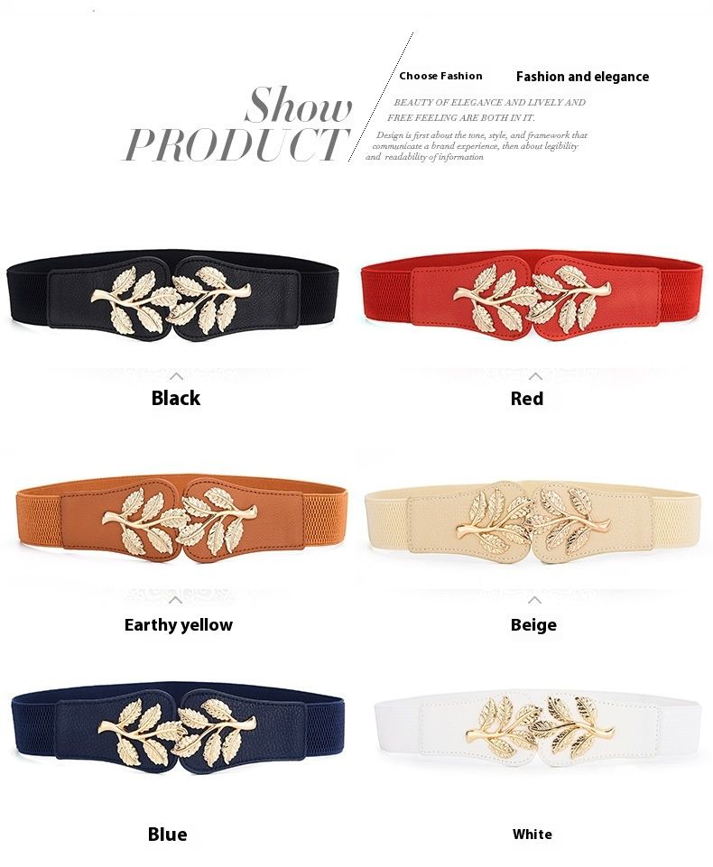 Nouvelle mode femme polyvalente large feuille d'or décoration doudoune jupe ceinture élastique taille couverture_voghion.com