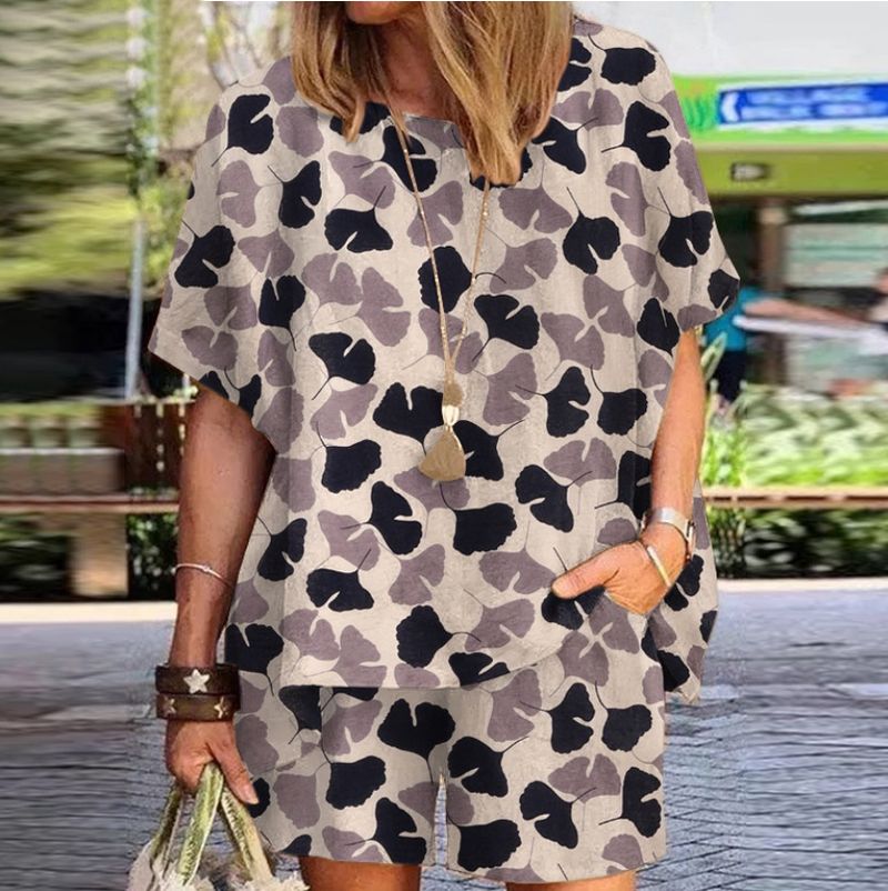 Frauen kleidung = polka dot print rundhals lose kurzarm shorts zwei-stück anzug_voghion.com