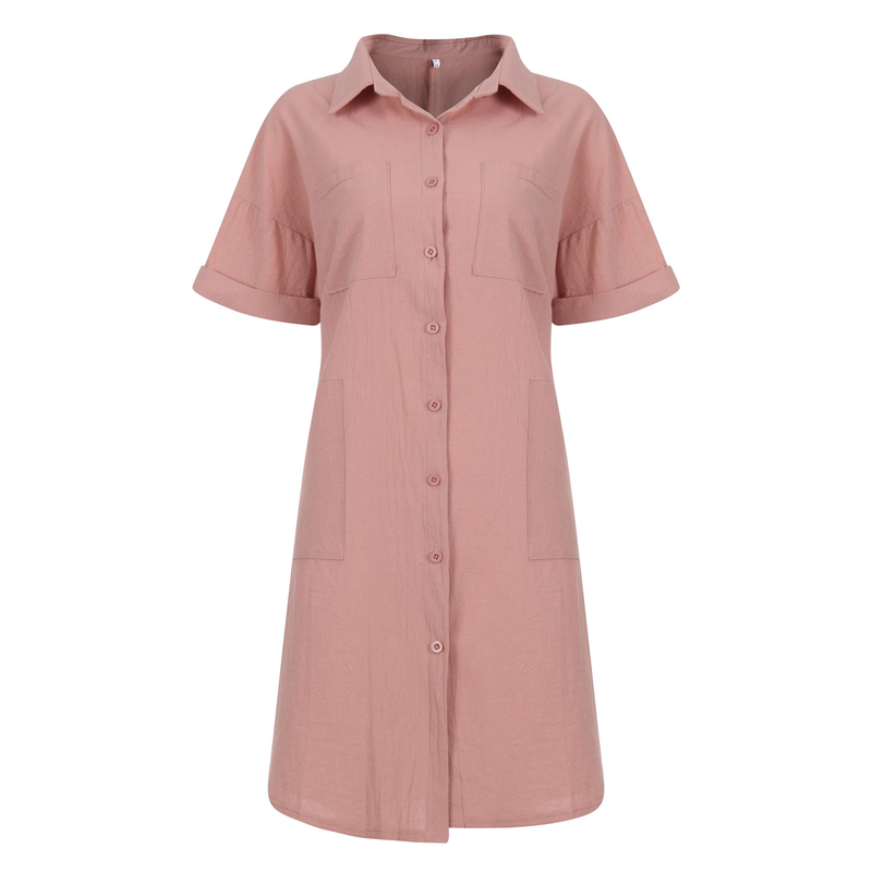 Nuovo abito camicia tascabile irregolare a maniche lunghe in canapa di cotone_voghion.com