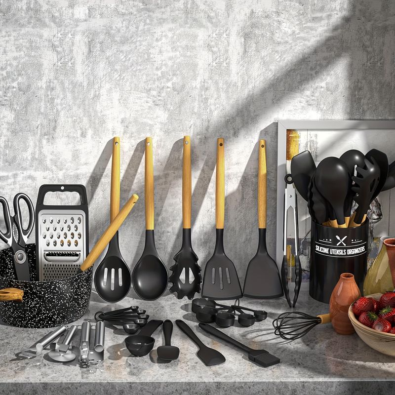 34-teiliges Küchenhelfer-Set aus Silikon mit Halter, hitzebeständig, antihaftbeschichtet, Kochgeschirr, Werkzeuge, schwarze Holzgriffe, Vatergeschenk_voghion.com