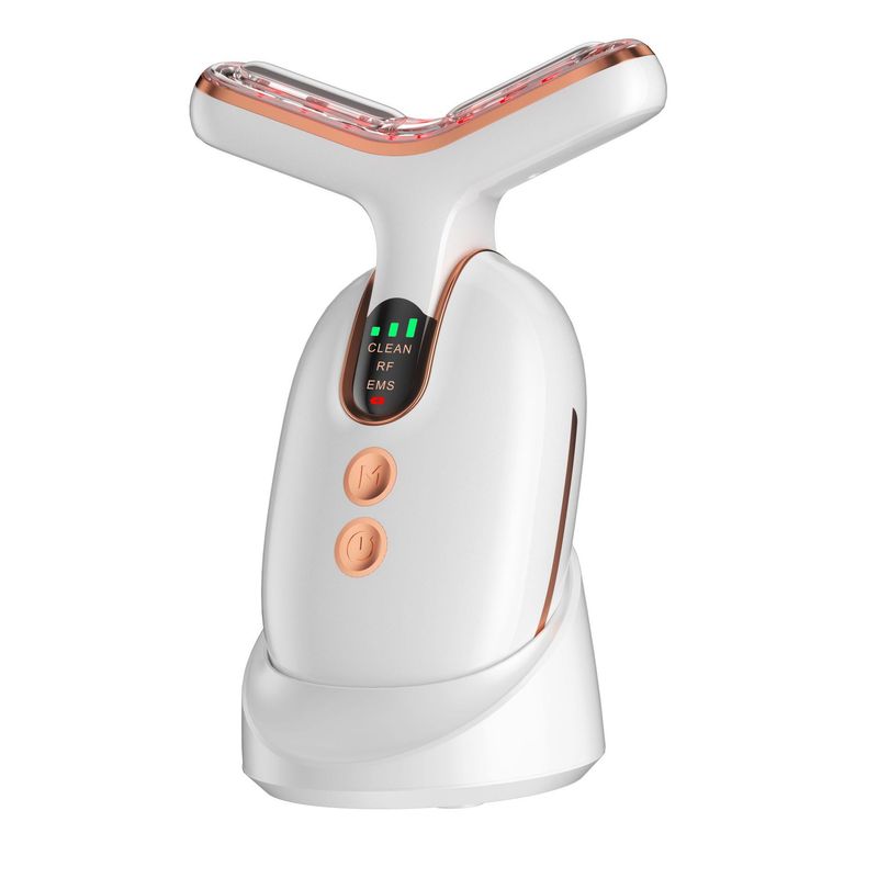 Dispositivo de masaje facial con luz de color de piel rejuvenecedor, tensor y lifting de belleza con microcorriente EMS para cuello_voghion.com