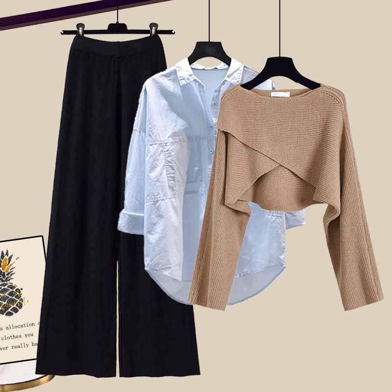 Women’s Clothing Fashion autumn suit women sweater women new large size women's shirt wide leg pants three piece knitted slim_voghion.com
