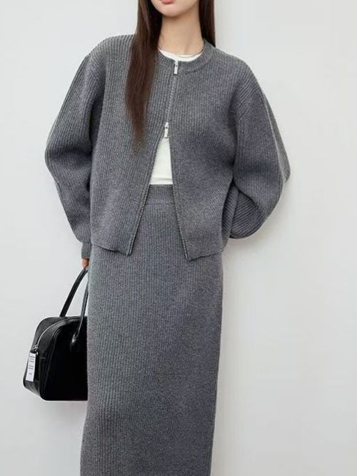 Nieuwe ronde hals, gebreide tweedelige herfst-winterset in Koreaanse stijl met rits en elegante trui en halve rok voor dames_voghion.com