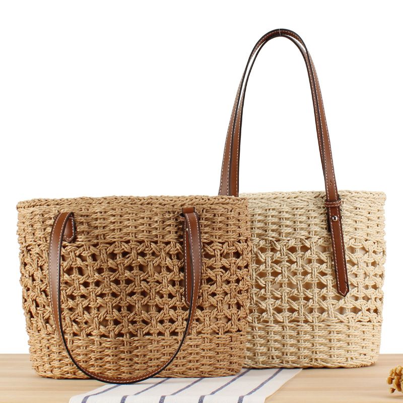 French High-end Western-style Large Capacity Woven Bag Suitable for Beach Vacation Solid Color Versatile Tote Bag Shoulder Bag_voghion.com