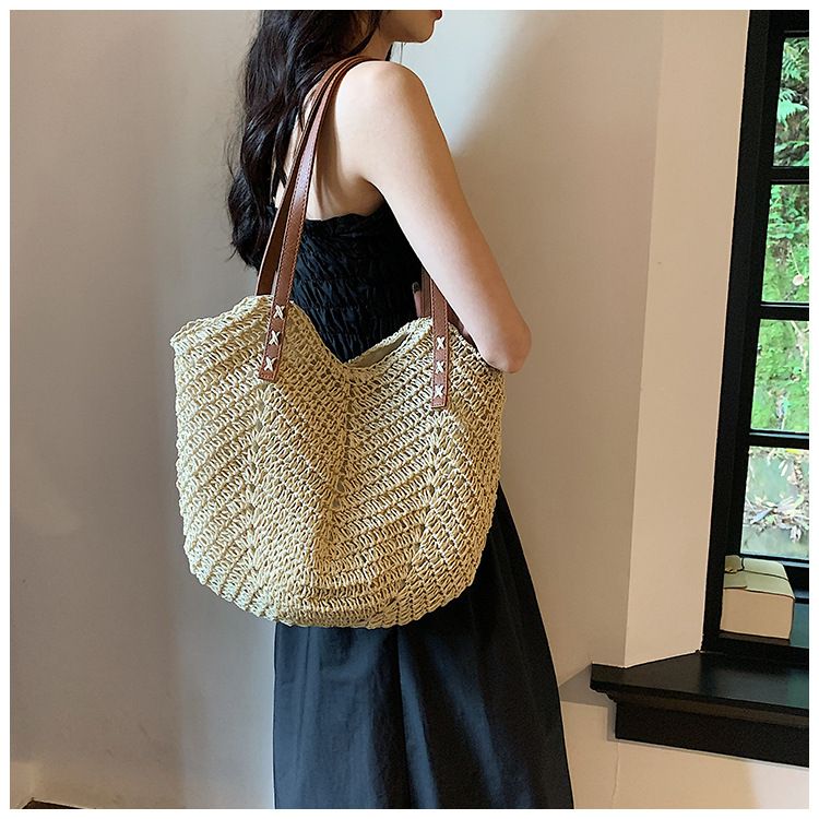 Borsa di paglia Borsa intrecciata Borsa di paglia intrecciata Mori Borsa da spiaggia per donna Borsa da spiaggia intrecciata Borsa a tracolla singola di grande capacità_voghion.com