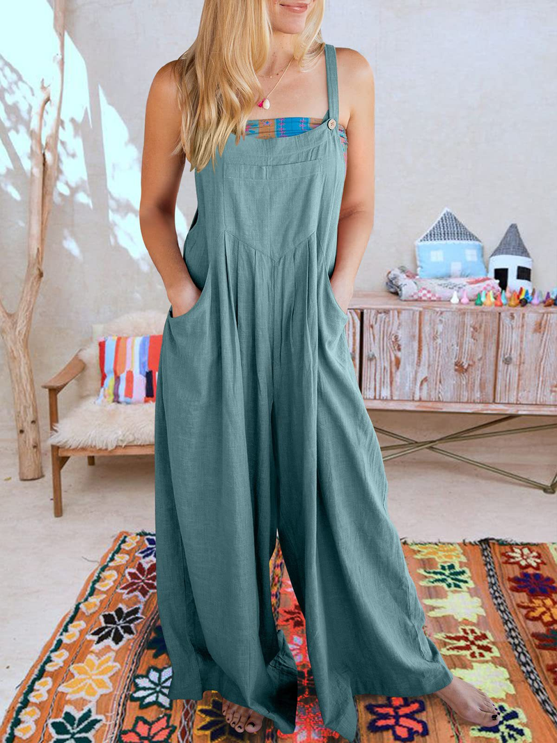 Women's clothing solid color loose casual cotton and linen overalls jumpsuit_voghion.com