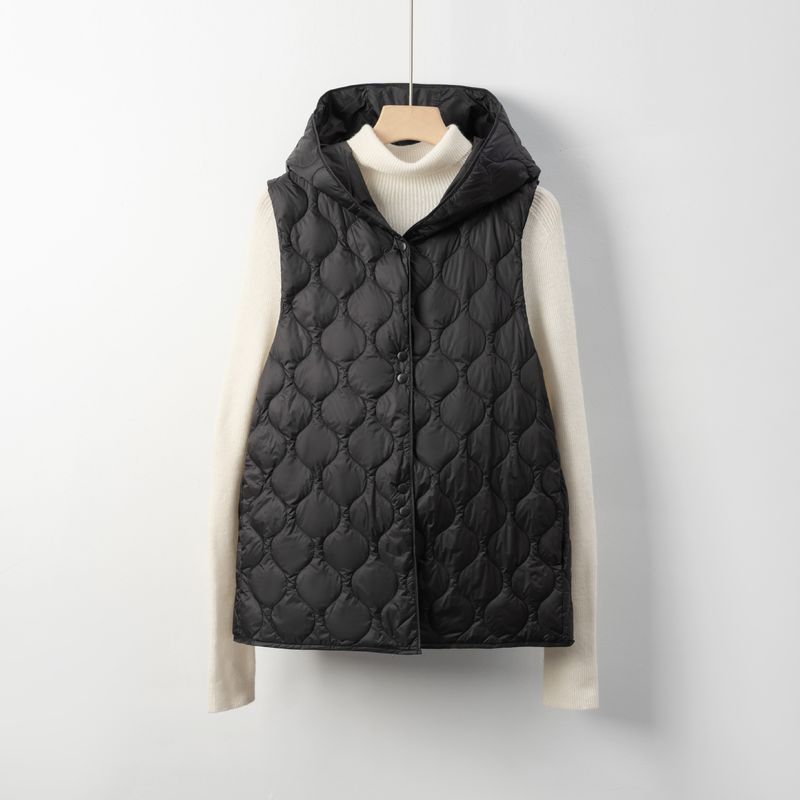 Gilet léger Pinghu National Standard 90 pour femme, style minimaliste, à capuche, fin, sans manches, pour l'automne et l'hiver_voghion.com