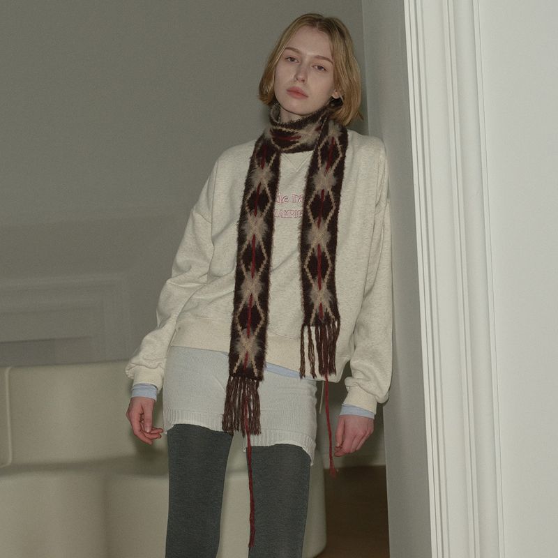 Sciarpa sottile e stretta lavorata a maglia con rombi infilati, realizzata a mano, da donna, con collo spazzolato decorativo, per lo stile invernale_voghion.com