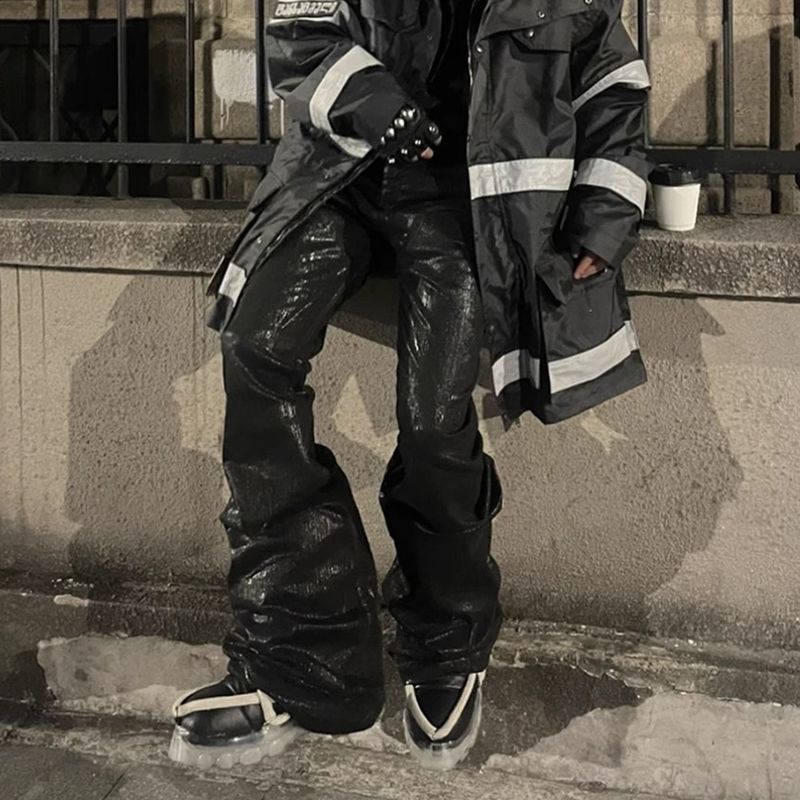 Jeans svasati in stile gotico con rivestimento cerato da uomo – Pantaloni larghi con orlo a strati e dettagli in nastro, stile streetwear Y2K (vita alta, neri, finitura anticata)_voghion.com