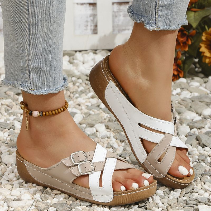 Sandali con zeppa, punta aperta, grandi dimensioni, alla moda, nuovi, con fibbia a cintura, color block, suola spessa e cinturino singolo per donna_voghion.com
