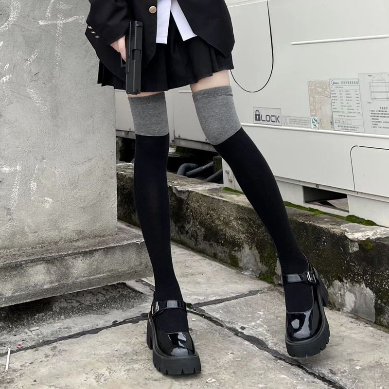 Farbblock für Damen, Frühling, Herbst, Mitte der Wade und graues Patchwork, lang, übers Knie, halbes Bein, trendig, Student, schwarzes Kalbsleder_voghion.com