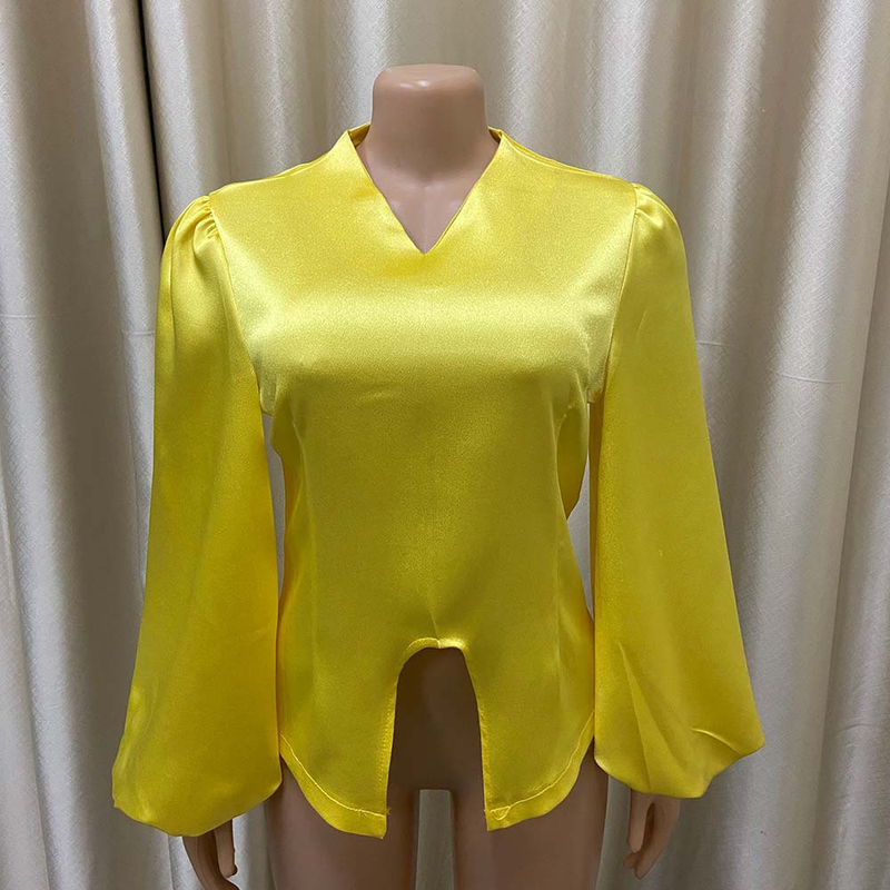 Top da pendolare con scollo a V, temperamento, maniche a lanterna, tinta unita, da donna_voghion.com