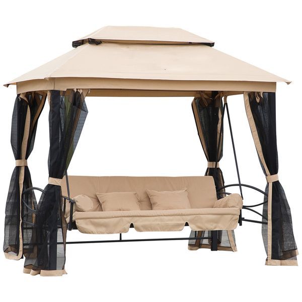 3 Person Patio Swing Chair, Gazebo Swing With Double Tier Canopy, Cushioned Seat, Mesh Sidewalls, Beige_voghion.com