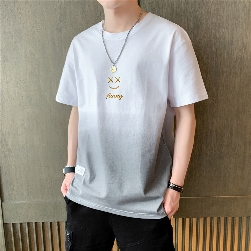 Gradient Color Smiley Face Short Sleeve T-Shirt Men 2023 Summer Trendy Brand Half Sleeve Design Sense Niche Cool Breathable T-Shirt_voghion.com