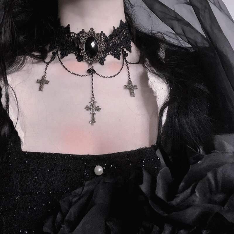Collana con croce in pizzo Lolita Dark Wind, stile gotico, con catena per clavicola, per donne_voghion.com