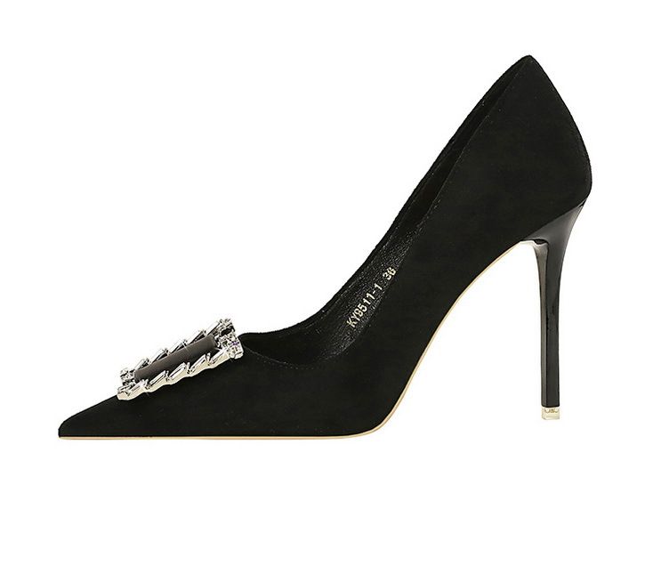 9511-K73 Bankett-Schuhe mit hohen, schmalen Absätzen, Wildleder, flacher Mund, spitze Metallschnalle mit Wasserdiamant, Einzelschuhe, Damen_voghion.com