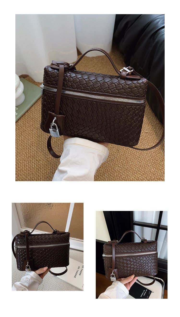 Woven Box Bag – Textured PU Crossbody With Detachable Lock Charm & Zip Top (3 Colors, Structured Mini Satchel, Streetwear Edge)_voghion.com