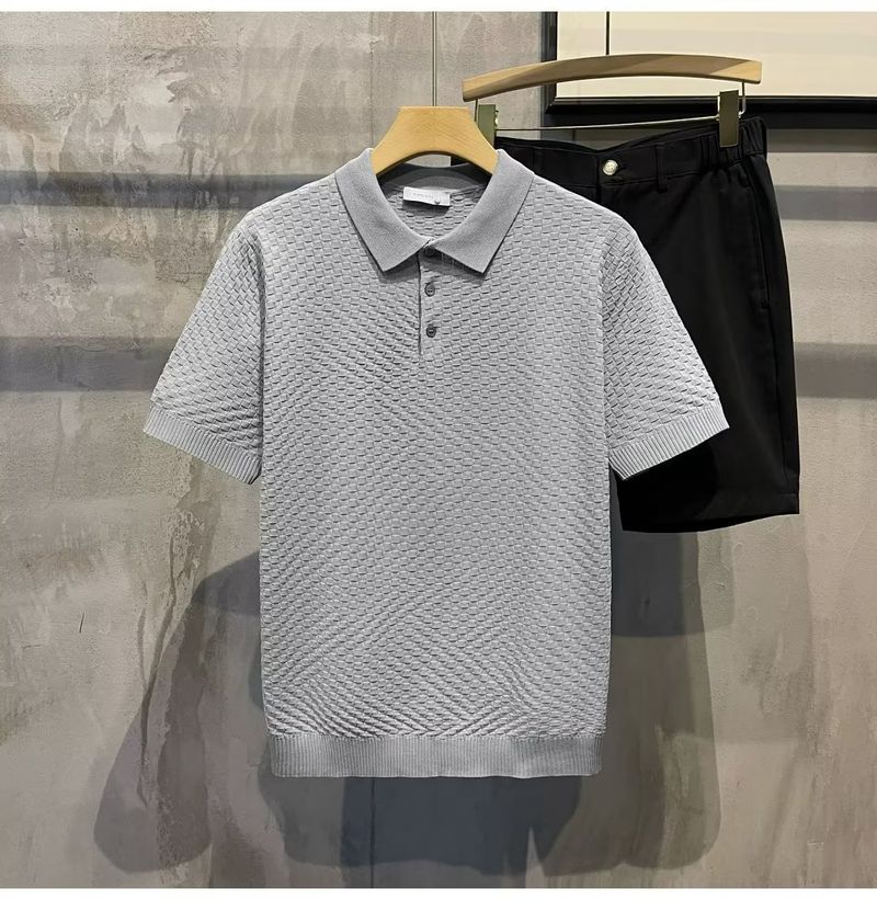 Herrenbekleidung Sommer New Ins Revers Kurzarm Poloshirt Herren Leichtes Luxus All Match Einfarbiges Kariertes Textur T-Shirt_voghion.com