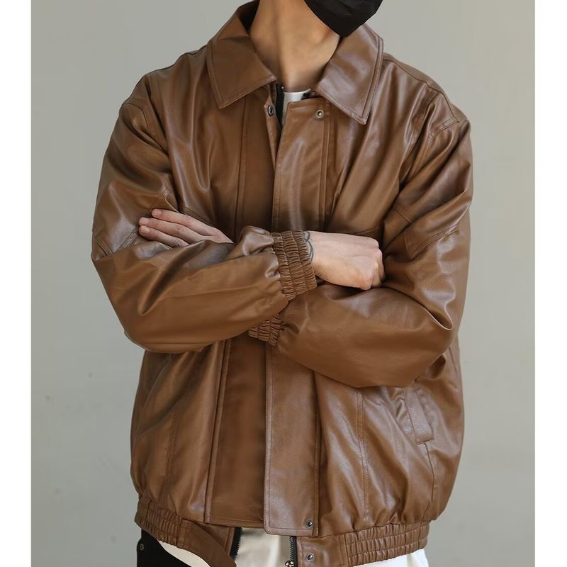 Giacca da motociclista casual da strada unisex in pelle marrone Melad in stile americano autunnale_voghion.com