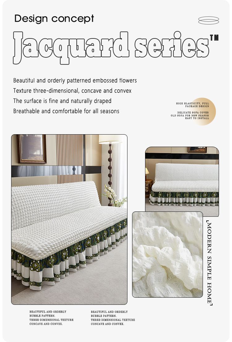 Thickened Bubble Gauze Sofa Bed Cover With Skirted Hem, Full Elastic Slipcover For Armless Couches & Foldable Beds, Anti-Slip Solid Color Protector_voghion.com