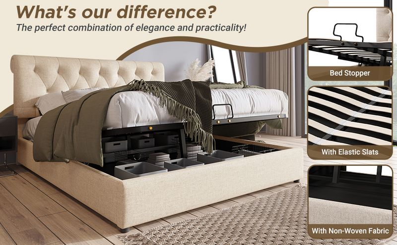 Lit double matelassé hydraulique 140 x 200 cm, tête de lit réglable, sommier à lattes métalliques, cadre de lit coffre moderne, couleur naturelle, sans matelas_voghion.com