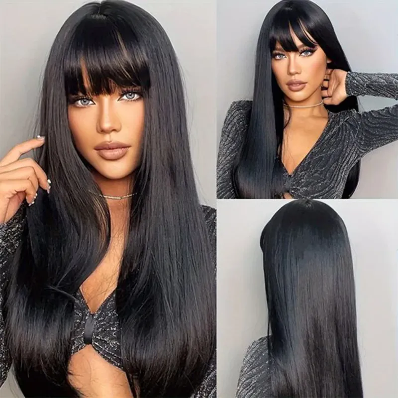 Glatte Perücke aus Echthaar mit Pony, brasilianisches Remy-Echthaar, Perücken für Frauen, 100 % Echthaar_voghion.com