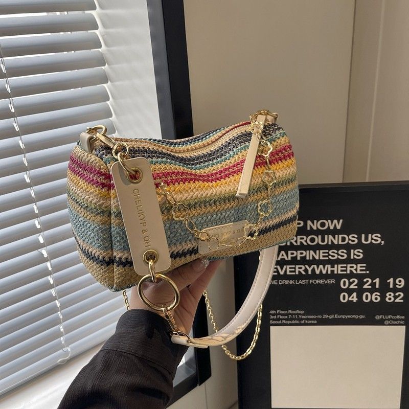 Niche Raffia Dopamine Colorful Striped Woven Lunch Box Underarm Single Shoulder Crossbody Beach Bag_voghion.com