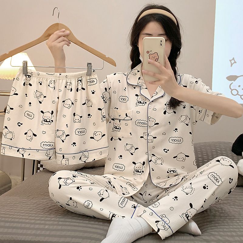 Pigiama da donna in tessuto stropicciato primavera ed estate 2024, dolce cardigan in stile coreano, pantaloncini a maniche corte, pantaloni lunghi,_voghion.com