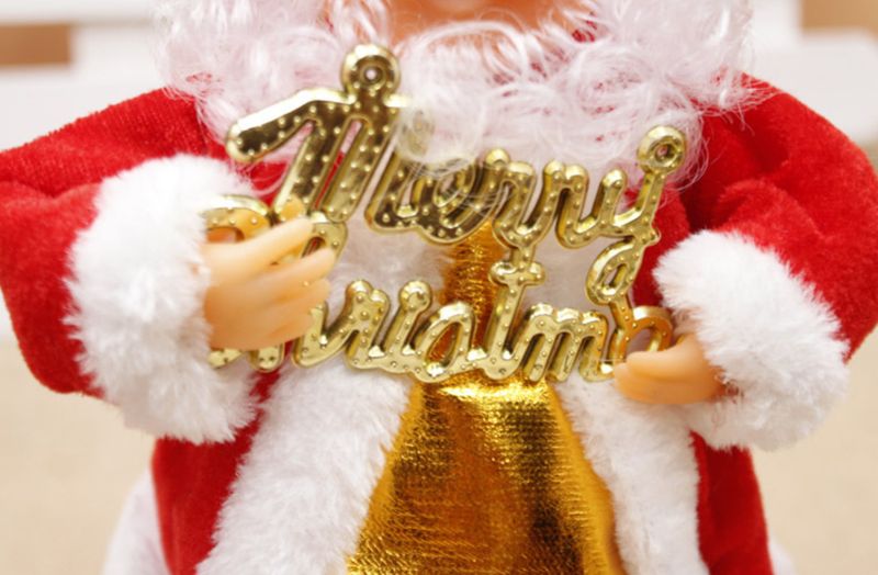 Adornos musicales navideños de Papá Noel: 5 muñecos navideños cantores con guitarra, saxofón, tambor, campana y bolsa de regalo, adorno de tela suave para el hogar._voghion.com