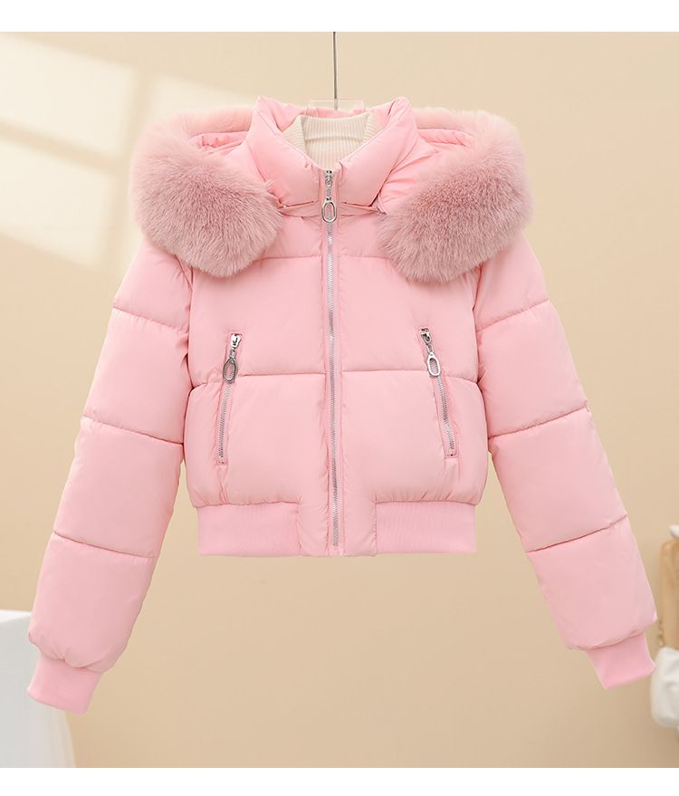 Dicke, kurze Pufferjacke für Damen mit Kunstpelzkapuze – warmer Wintermantel, schmale Passform, Taillenbetonung, Polyester-Außenmaterial, Kaninchenfellbesatz, lässige Oberbekleidung_voghion.com