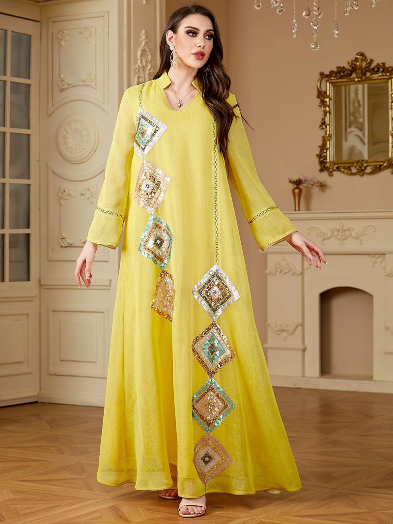 Women's Clothing Muslim Middle East Sleeved Abaya Sequined Long Skirt Saudi Arabia Dubai Dress_voghion.com