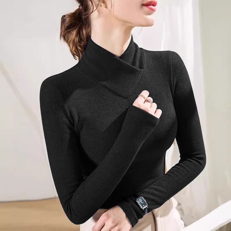 Strukturierter, gerippter Langarm-Rollkragenpullover – Slim Fit Thermo-T-Shirt für Damen Halbhoher Kragen, T-Shirt für Unter- und Oberbekleidung_voghion.com