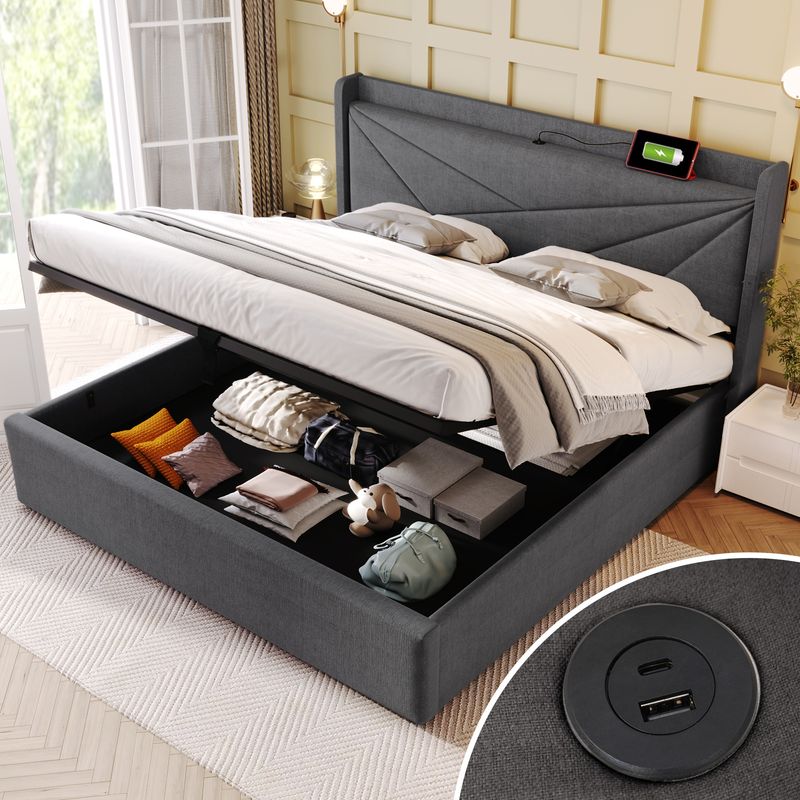 Lit double avec chargement USB Type-C, lit coffre avec sommier à lattes, tête de lit capitonnée en lin, matelas pour jeunes 160 x 200 cm (matelas non inclus)_voghion.com